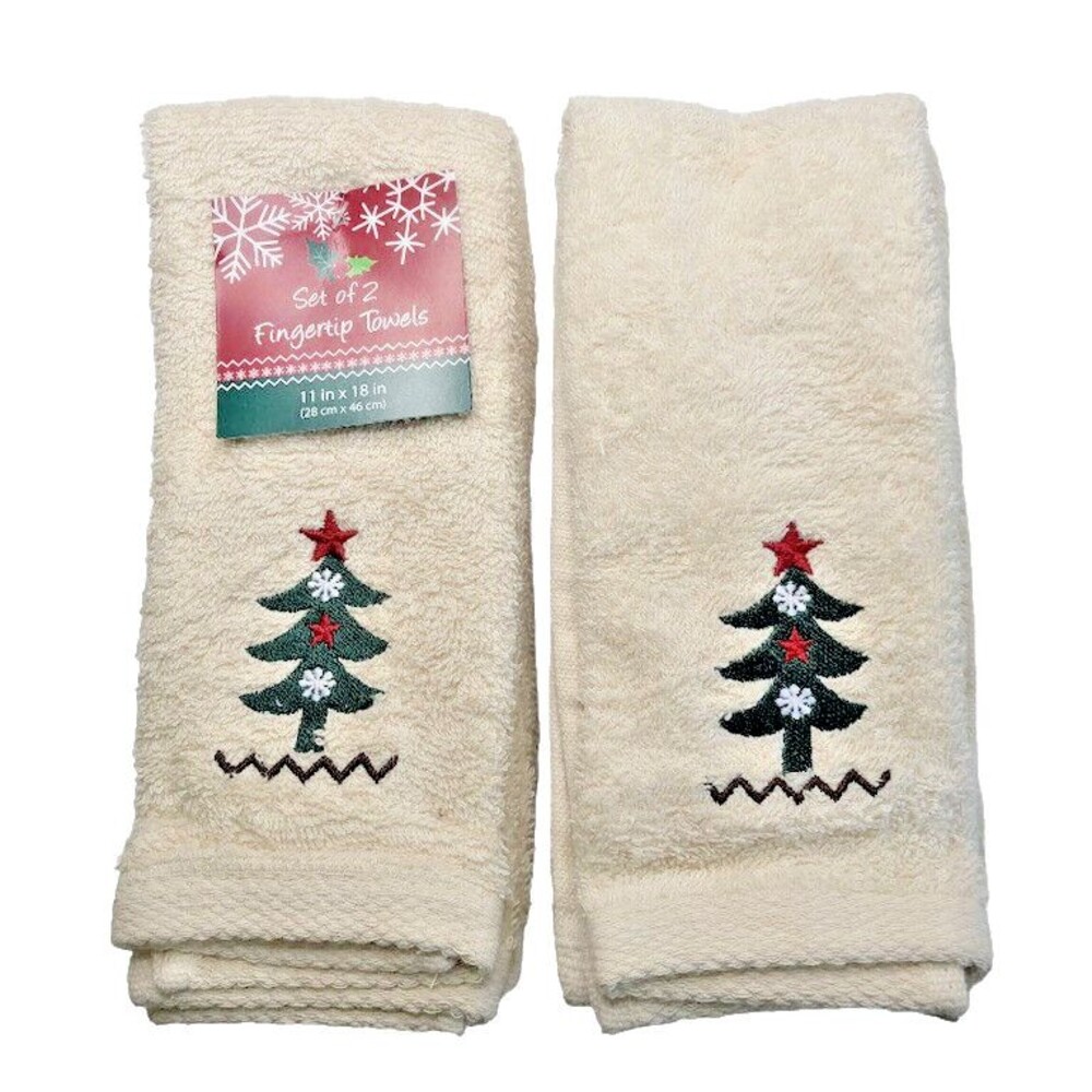 Nantucket Christmas Tree Fingertip Towels Embroidered Beige Bathroom